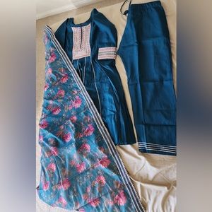 Turquoise color dress beautiful printed all over dupatta and pant style pants